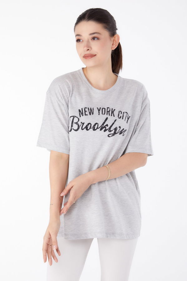 Baskılı Kısa Kollu T-Shirt Gri - 25386