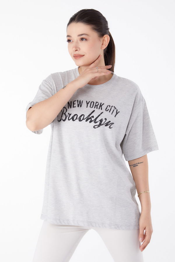 Baskılı Kısa Kollu T-Shirt Gri - 25386