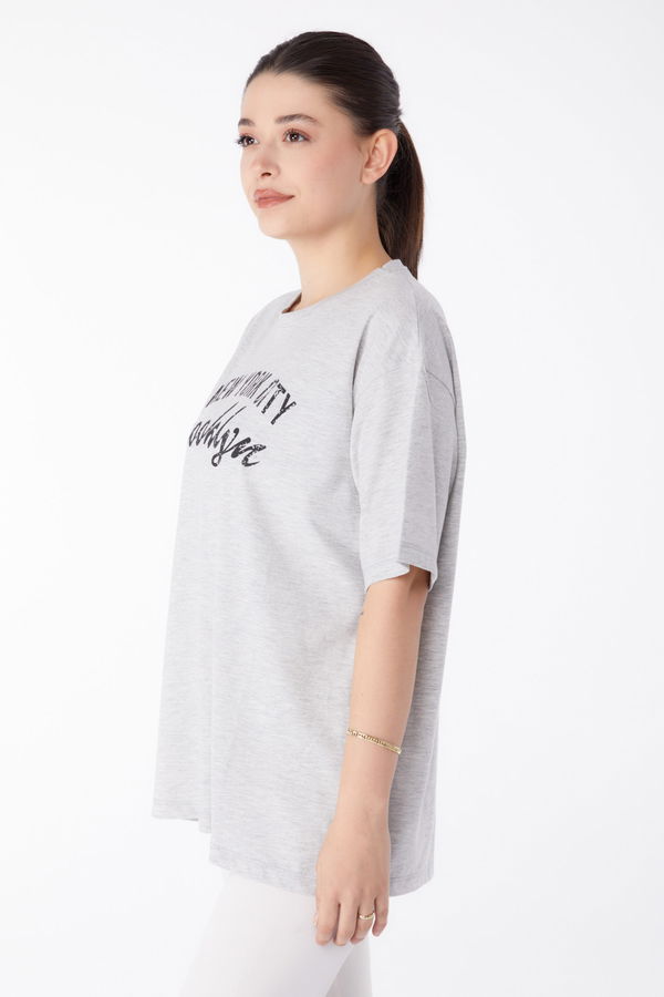 Baskılı Kısa Kollu T-Shirt Gri - 25386