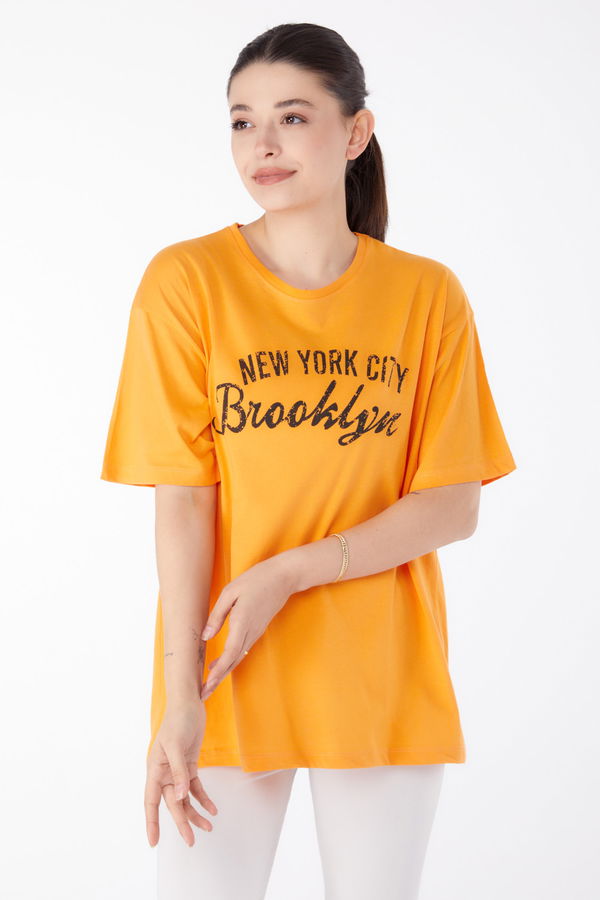 Baskılı Kısa Kollu T-Shirt Turuncu - 25386 TURUNCU