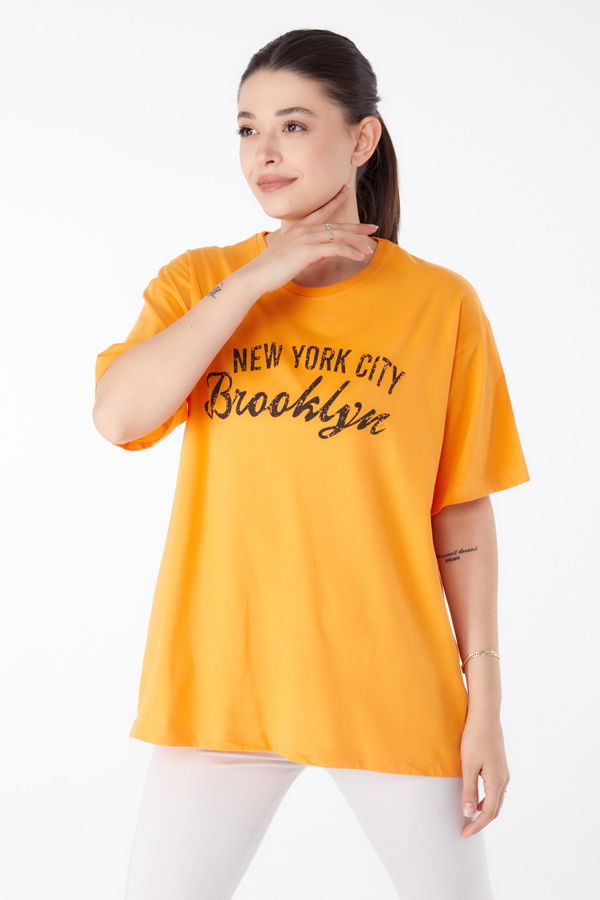 Baskılı Kısa Kollu T-Shirt Turuncu - 25386 TURUNCU