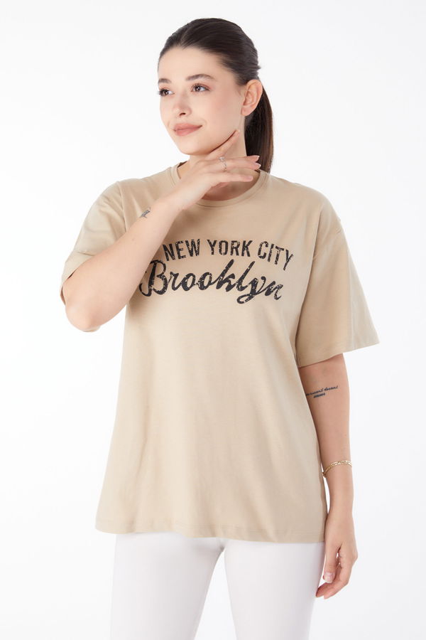 Baskılı Kısa Kollu T-Shirt Vizon - 25386
