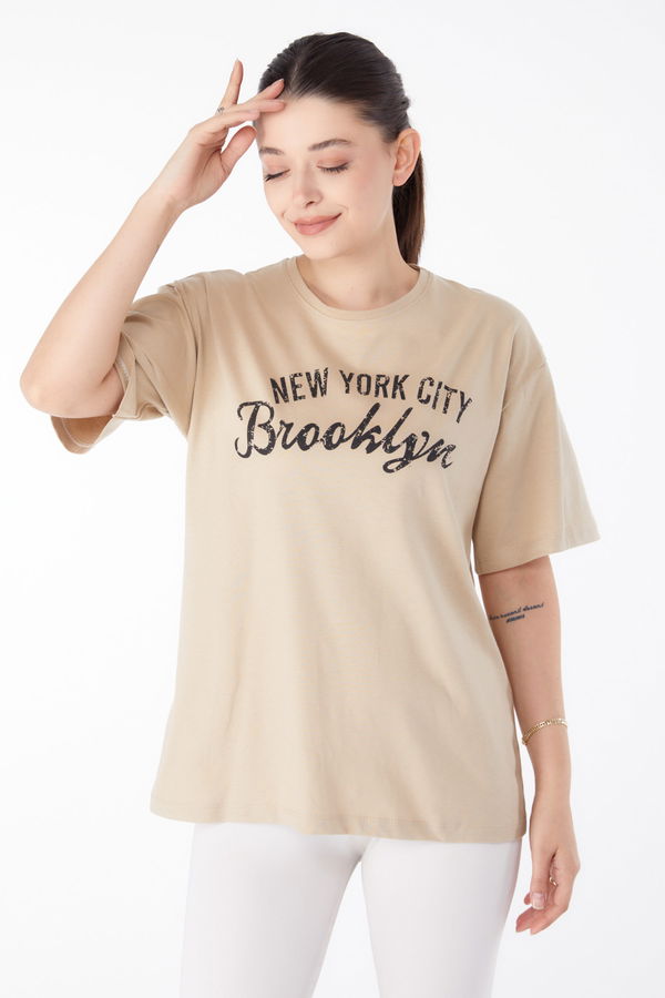 Baskılı Kısa Kollu T-Shirt Vizon - 25386