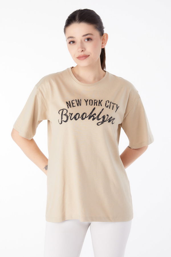 Baskılı Kısa Kollu T-Shirt Vizon - 25386