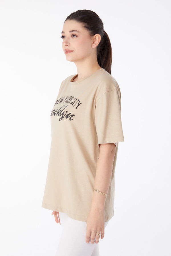Baskılı Kısa Kollu T-Shirt Vizon - 25386