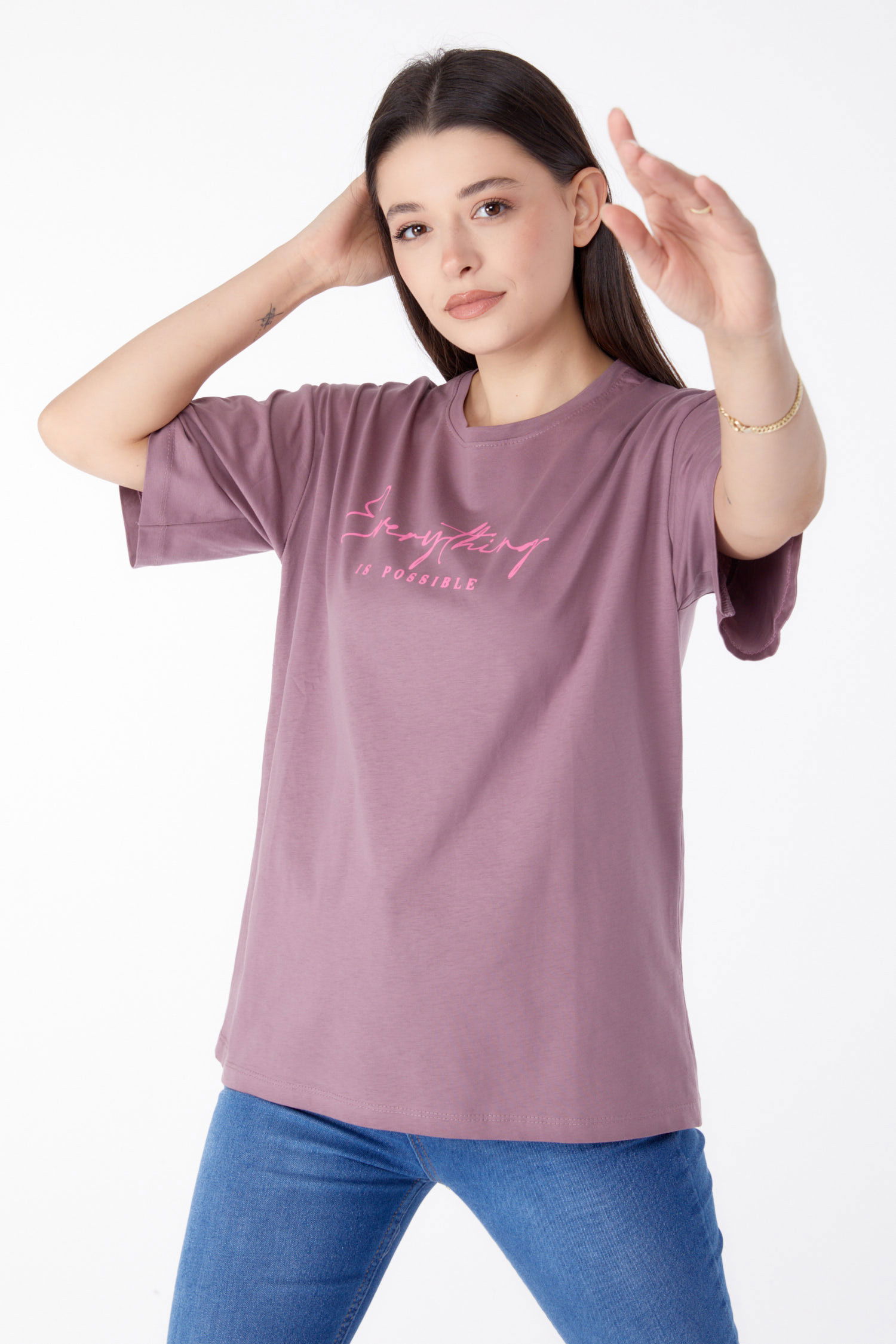 Baskılı Kısa Kollu T-Shirt Mürdüm - 25387 MÜRDÜM