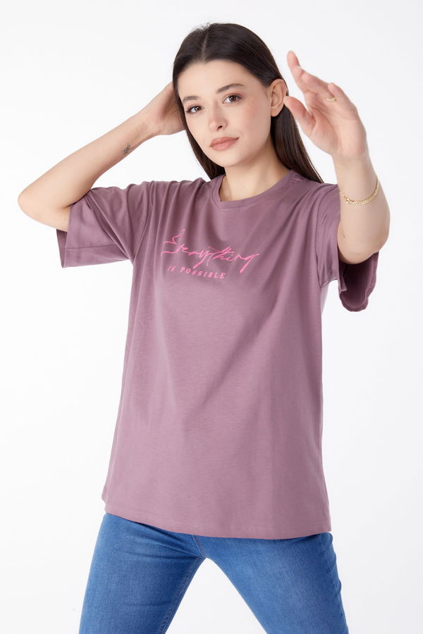 Baskılı Kısa Kollu T-Shirt Mürdüm - 25387 MÜRDÜM
