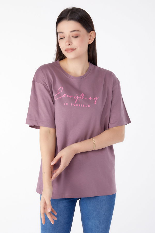 Baskılı Kısa Kollu T-Shirt Mürdüm - 25387 MÜRDÜM
