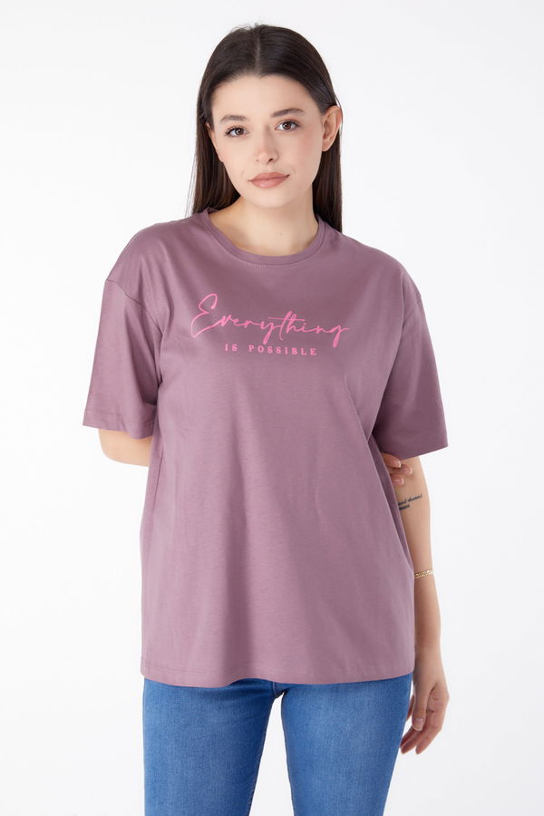 Baskılı Kısa Kollu T-Shirt Mürdüm - 25387 MÜRDÜM
