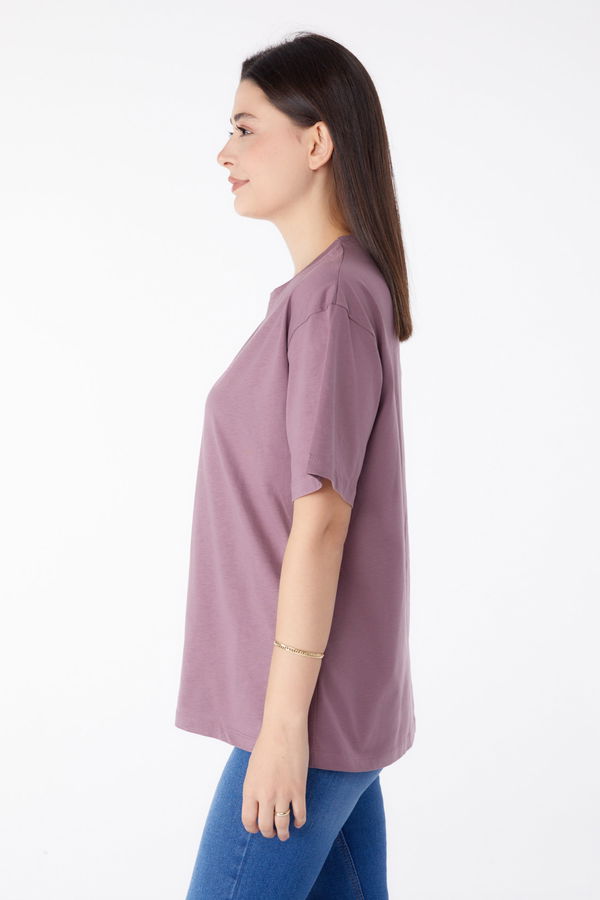 Baskılı Kısa Kollu T-Shirt Mürdüm - 25387 MÜRDÜM