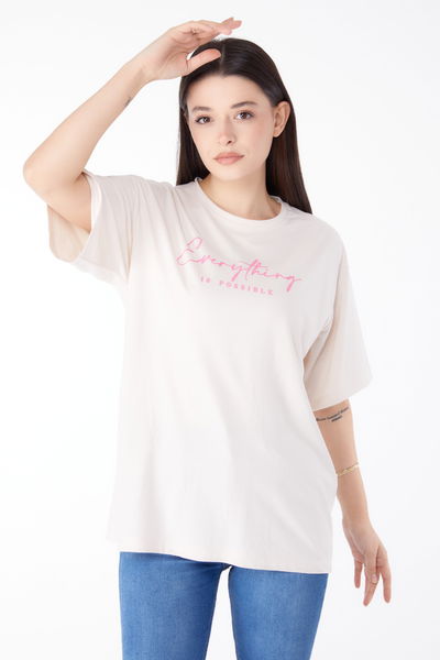 Baskılı Kısa Kollu T-Shirt Bej - 25387