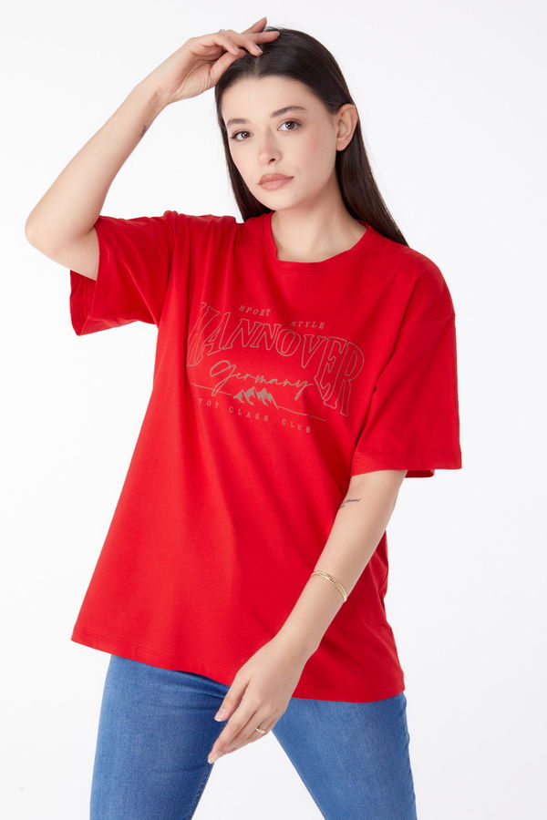 Baskılı Kısa Kollu T-Shirt Kırmızı - 25388 Kırmızı