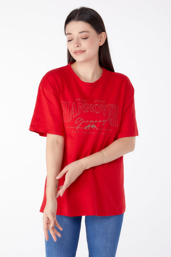 Baskılı Kısa Kollu T-Shirt Kırmızı - 25388 Kırmızı