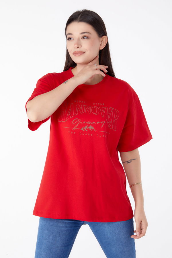 Baskılı Kısa Kollu T-Shirt Kırmızı - 25388 Kırmızı