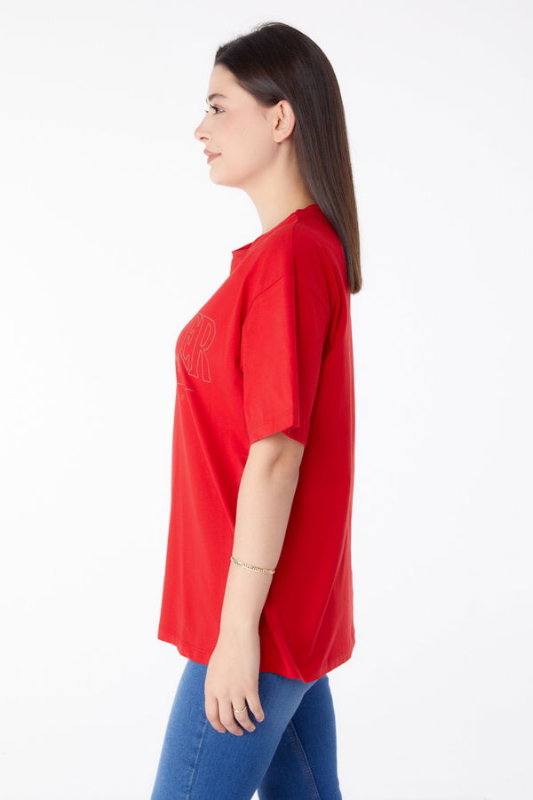 Baskılı Kısa Kollu T-Shirt Kırmızı - 25388 Kırmızı