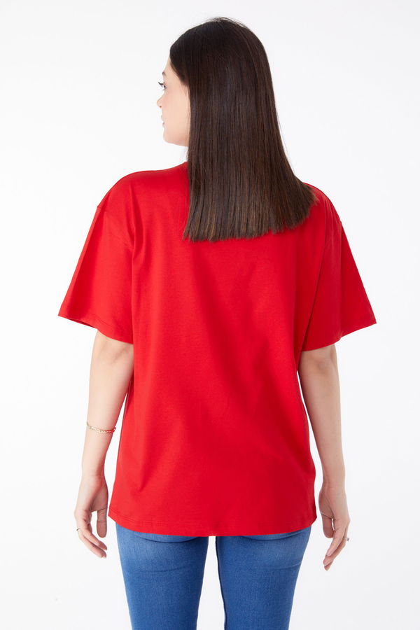 Baskılı Kısa Kollu T-Shirt Kırmızı - 25388 Kırmızı
