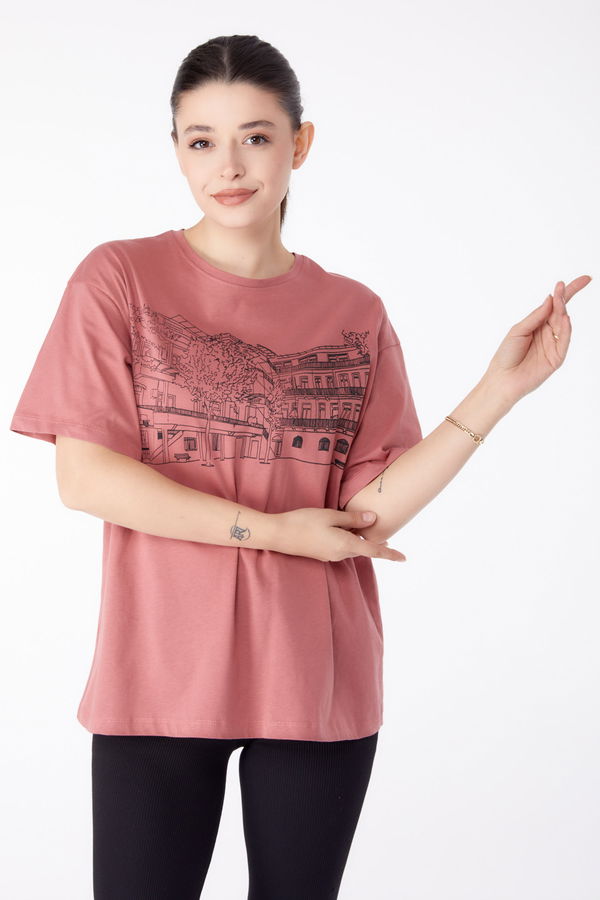 Baskılı Kısa Kollu T-Shirt Pembe - 25389 PEMBE