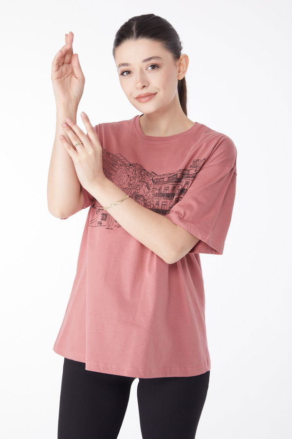 Baskılı Kısa Kollu T-Shirt Pembe - 25389 PEMBE