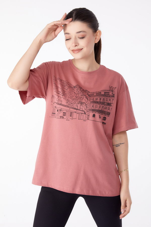 Baskılı Kısa Kollu T-Shirt Pembe - 25389 PEMBE