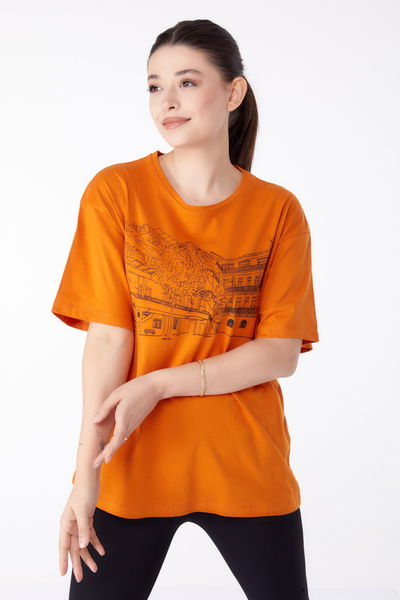 Baskılı Kısa Kollu T-Shirt Turuncu - 25389 TURUNCU