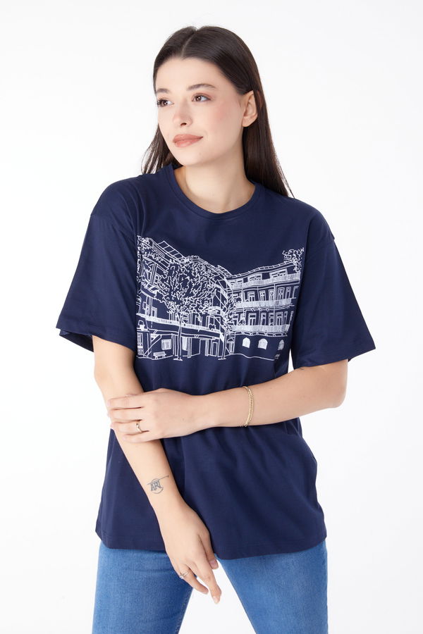 Baskılı Kısa Kollu T-Shirt Lacivert - 25389