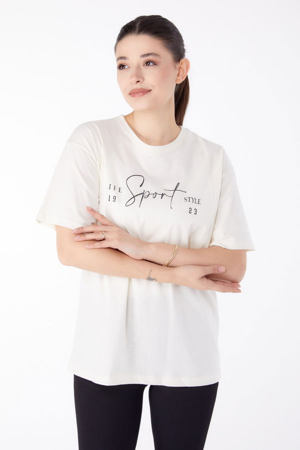 Baskılı Kısa Kollu T-Shirt Ekru - 25390