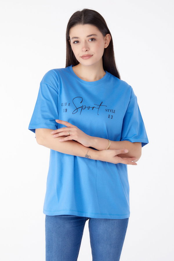 Baskılı Kısa Kollu T-Shirt Mavi - 25390 MAVİ