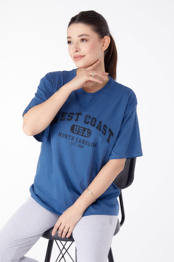 Baskılı Kısa Kollu T-Shirt Mavi - 25391 MAVİ
