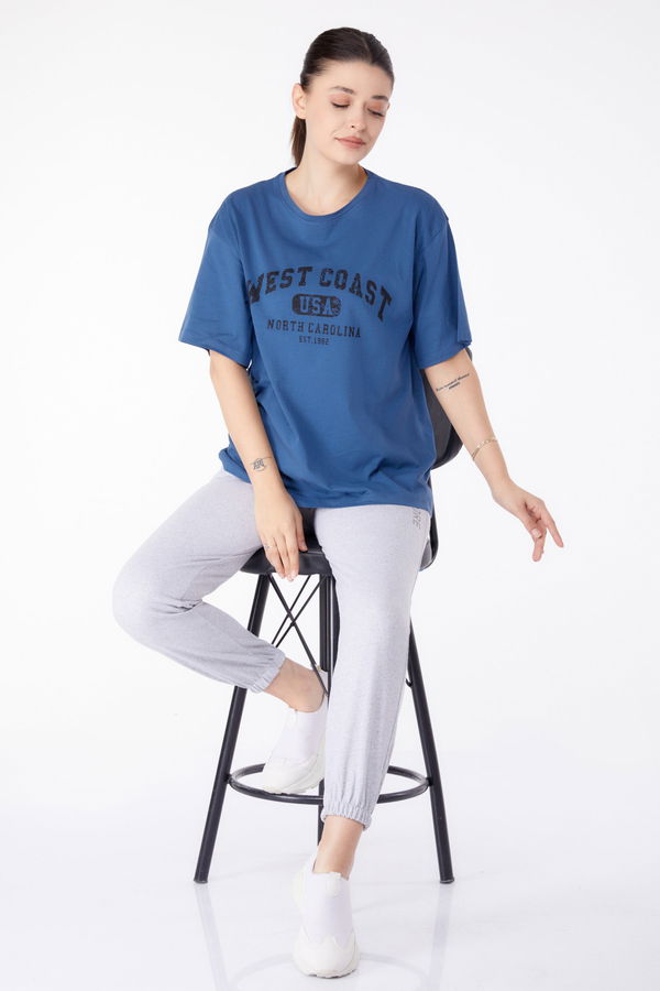 Baskılı Kısa Kollu T-Shirt Mavi - 25391 MAVİ
