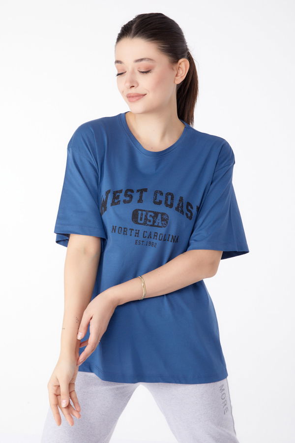 Baskılı Kısa Kollu T-Shirt Mavi - 25391 MAVİ