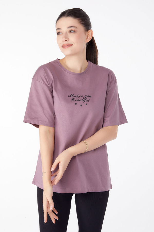 Baskılı Kısa Kollu T-Shirt Mürdüm - 25393 MÜRDÜM