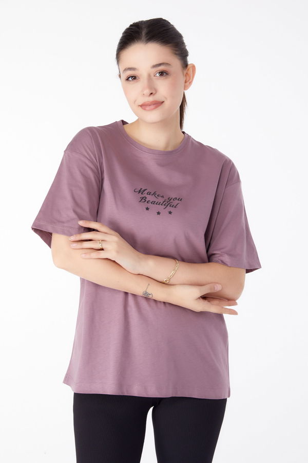Baskılı Kısa Kollu T-Shirt Mürdüm - 25393 MÜRDÜM