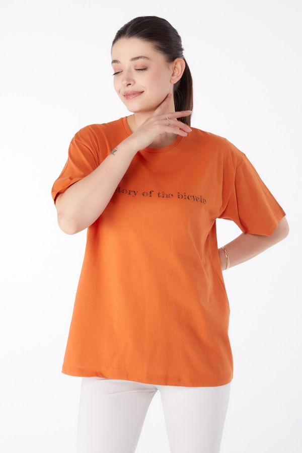 Baskılı Kısa Kollu T-Shirt Turuncu - 25394