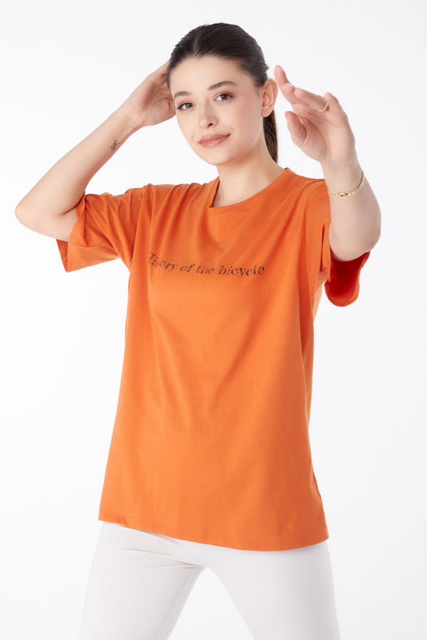 Baskılı Kısa Kollu T-Shirt Turuncu - 25394