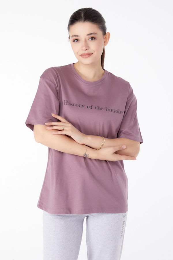Baskılı Kısa Kollu T-Shirt Mürdüm - 25394