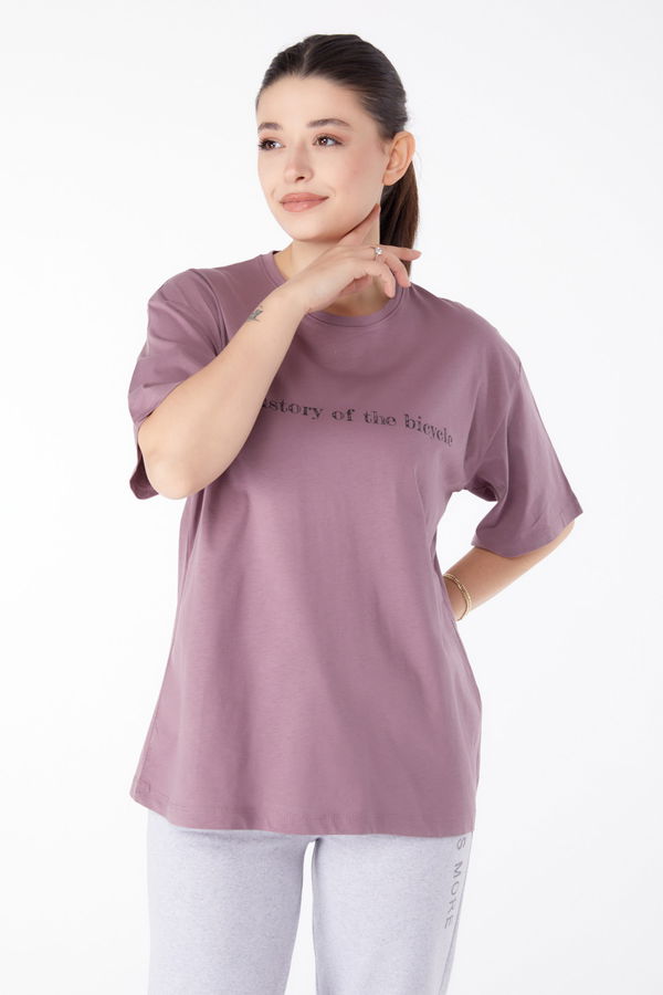 Baskılı Kısa Kollu T-Shirt Mürdüm - 25394