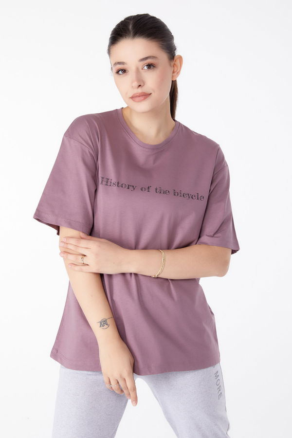 Baskılı Kısa Kollu T-Shirt Mürdüm - 25394