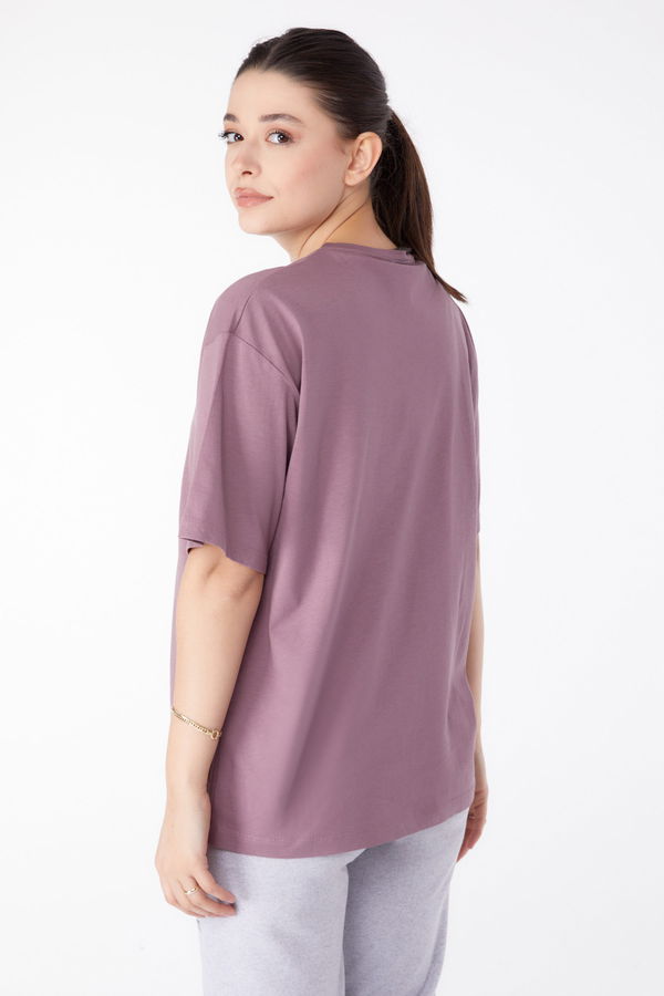 Baskılı Kısa Kollu T-Shirt Mürdüm - 25394