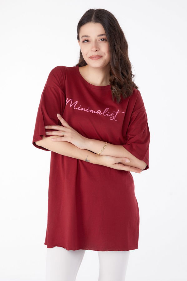 Baskılı Kısa Kollu T-Shirt Bordo - 25395