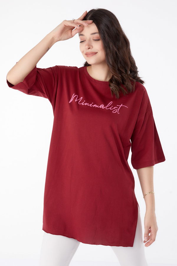 Baskılı Kısa Kollu T-Shirt Bordo - 25395