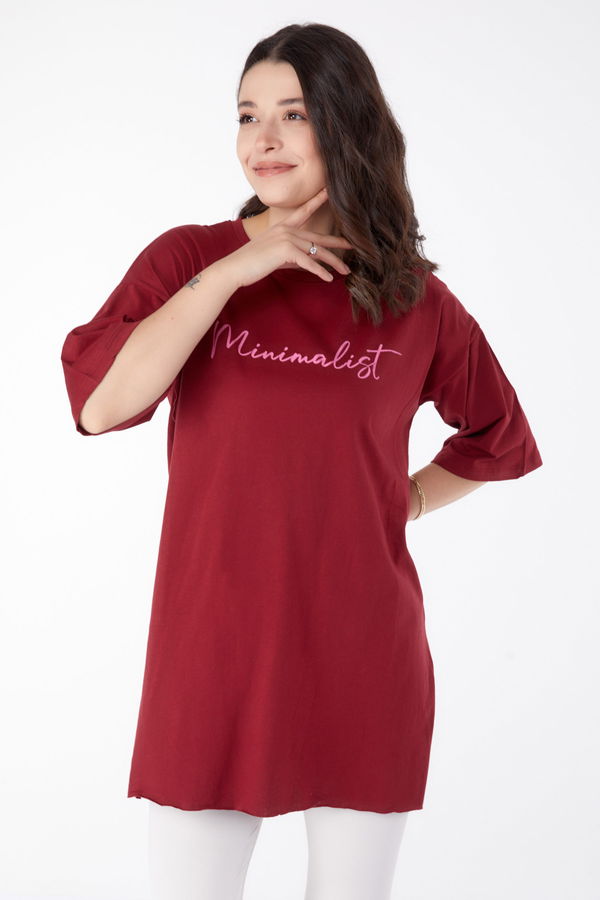 Baskılı Kısa Kollu T-Shirt Bordo - 25395