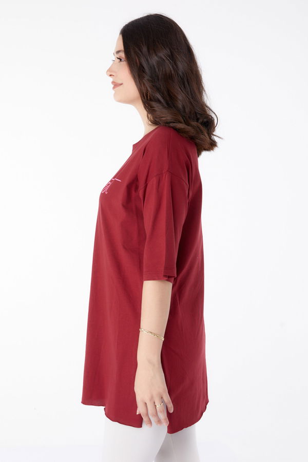 Baskılı Kısa Kollu T-Shirt Bordo - 25395
