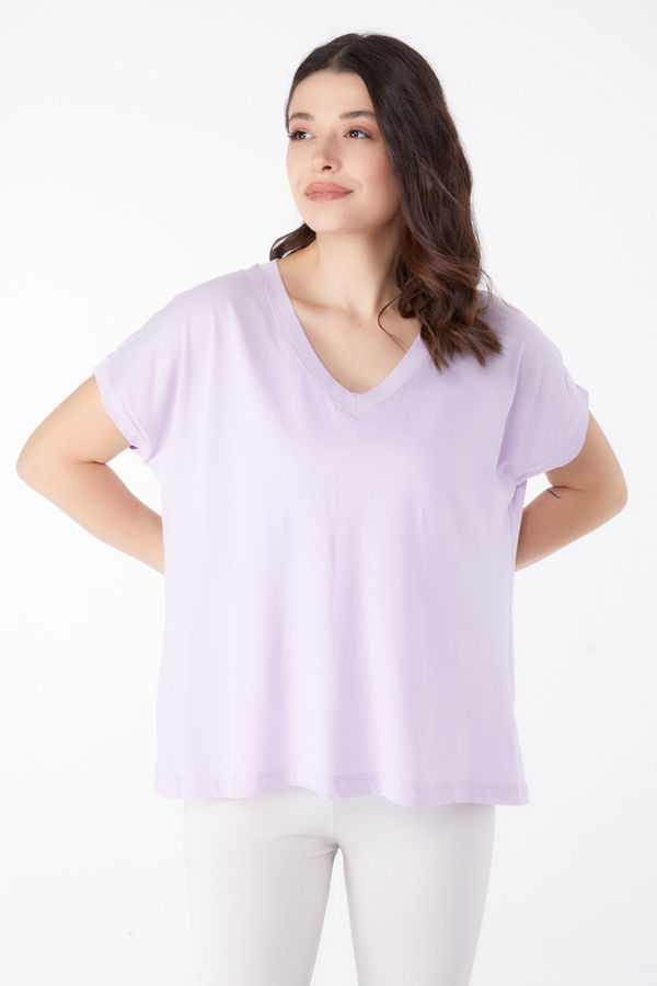 V Yaka T-Shirt Lila - 25397 LİLA