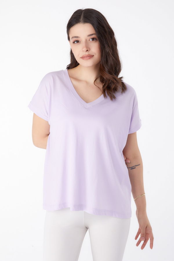 V Yaka T-Shirt Lila - 25397 LİLA