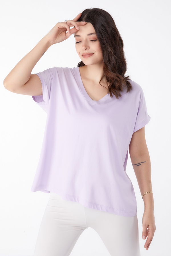 V Yaka T-Shirt Lila - 25397 LİLA