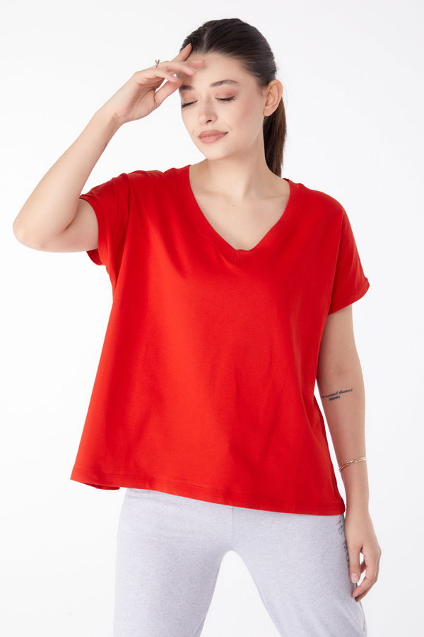 V Yaka T-Shirt Kırmızı - 25397