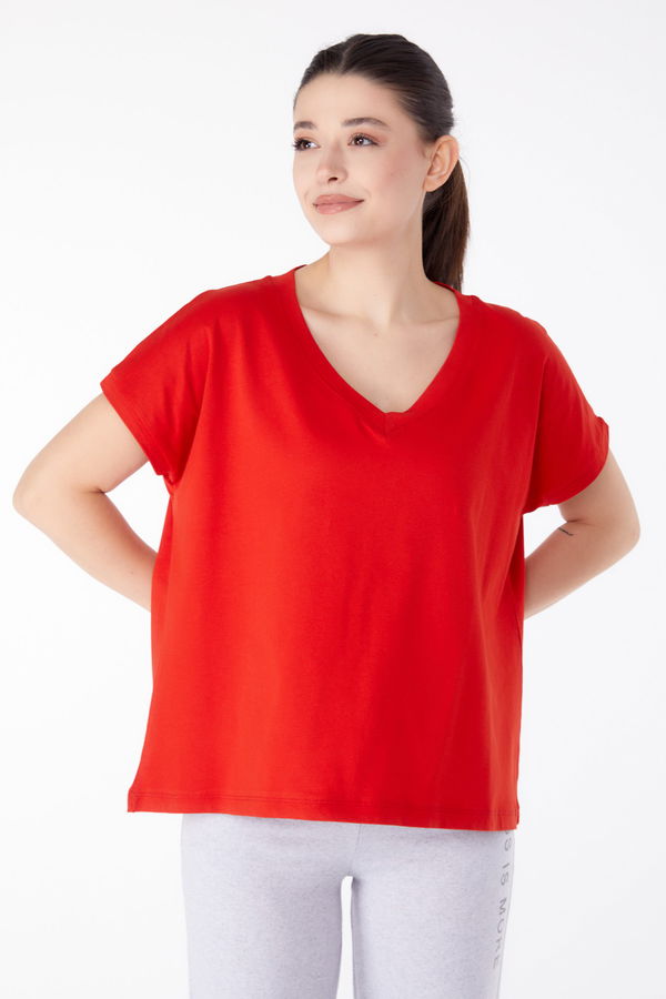 V Yaka T-Shirt Kırmızı - 25397