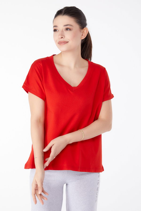 V Yaka T-Shirt Kırmızı - 25397