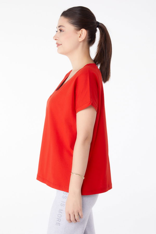 V Yaka T-Shirt Kırmızı - 25397