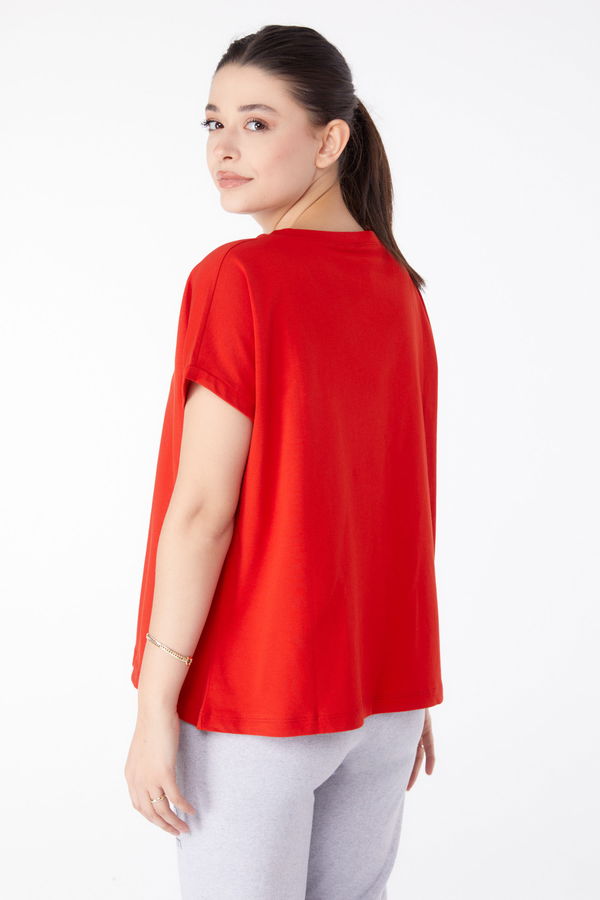 V Yaka T-Shirt Kırmızı - 25397